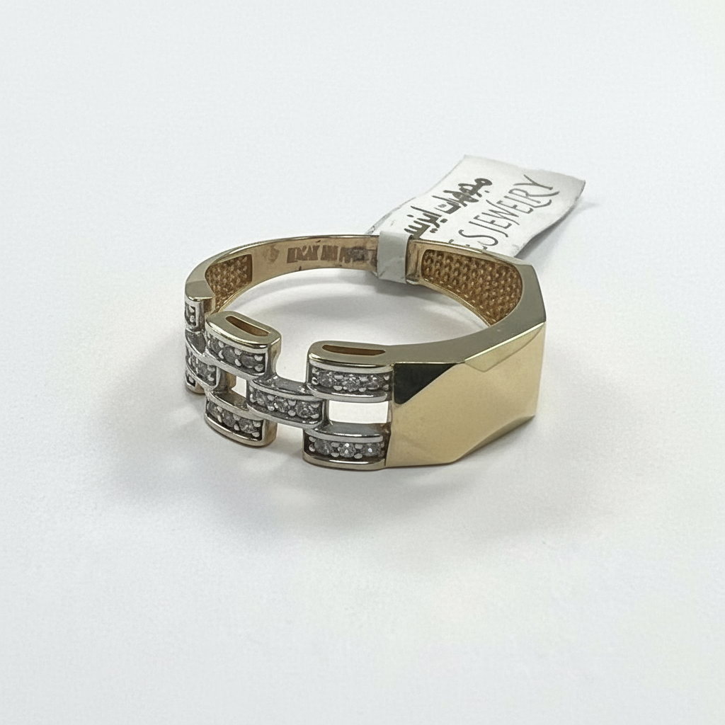 14K Solid Yellow Gold Zircon Geometric Link Ring Modern Elegant Men's Women's - Image 4