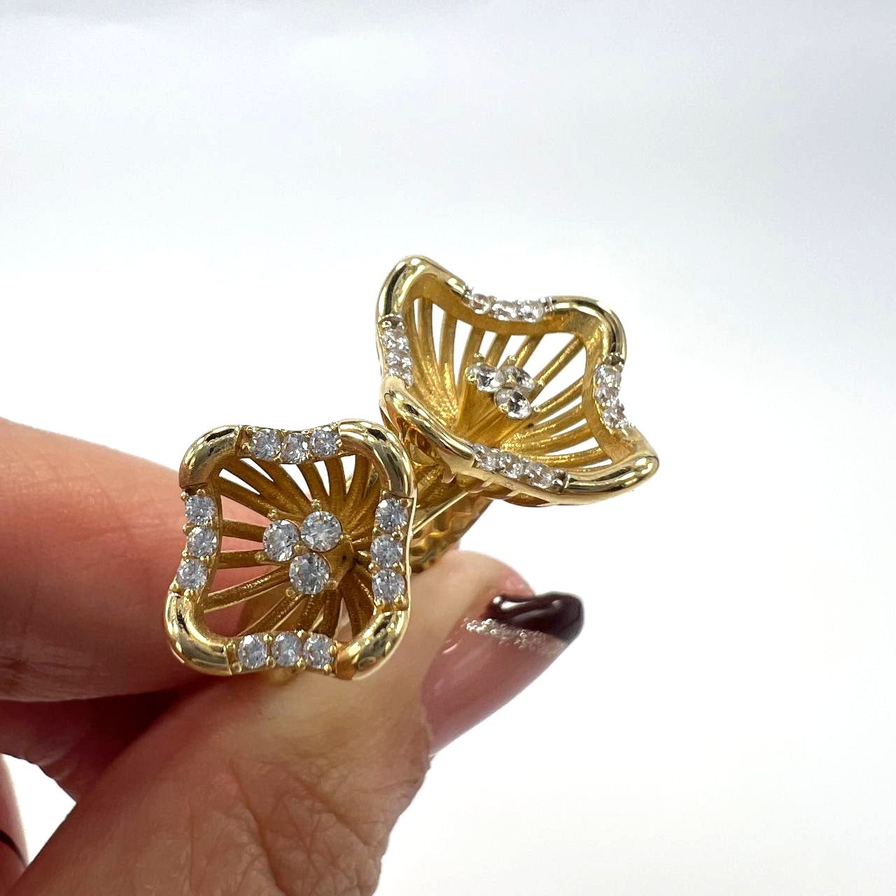 14K Yellow Gold Dual Flower Ring Zircon Statement Openwork Women's Jewelry - Image 2