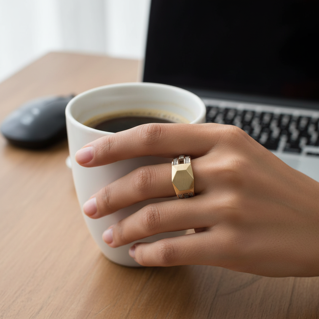 14K Solid Yellow Gold Zircon Geometric Link Ring Modern Elegant Men's Women's - Image 5