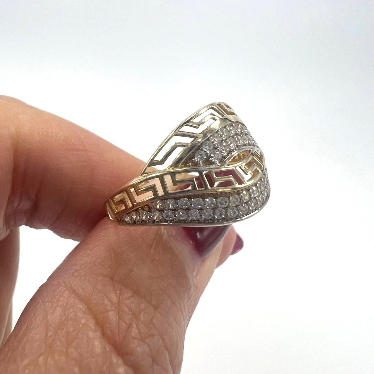 14K Solid Yellow Gold Greek Key Meander Zircon Ring Women's Luxury Fine Jewelry - Image 9