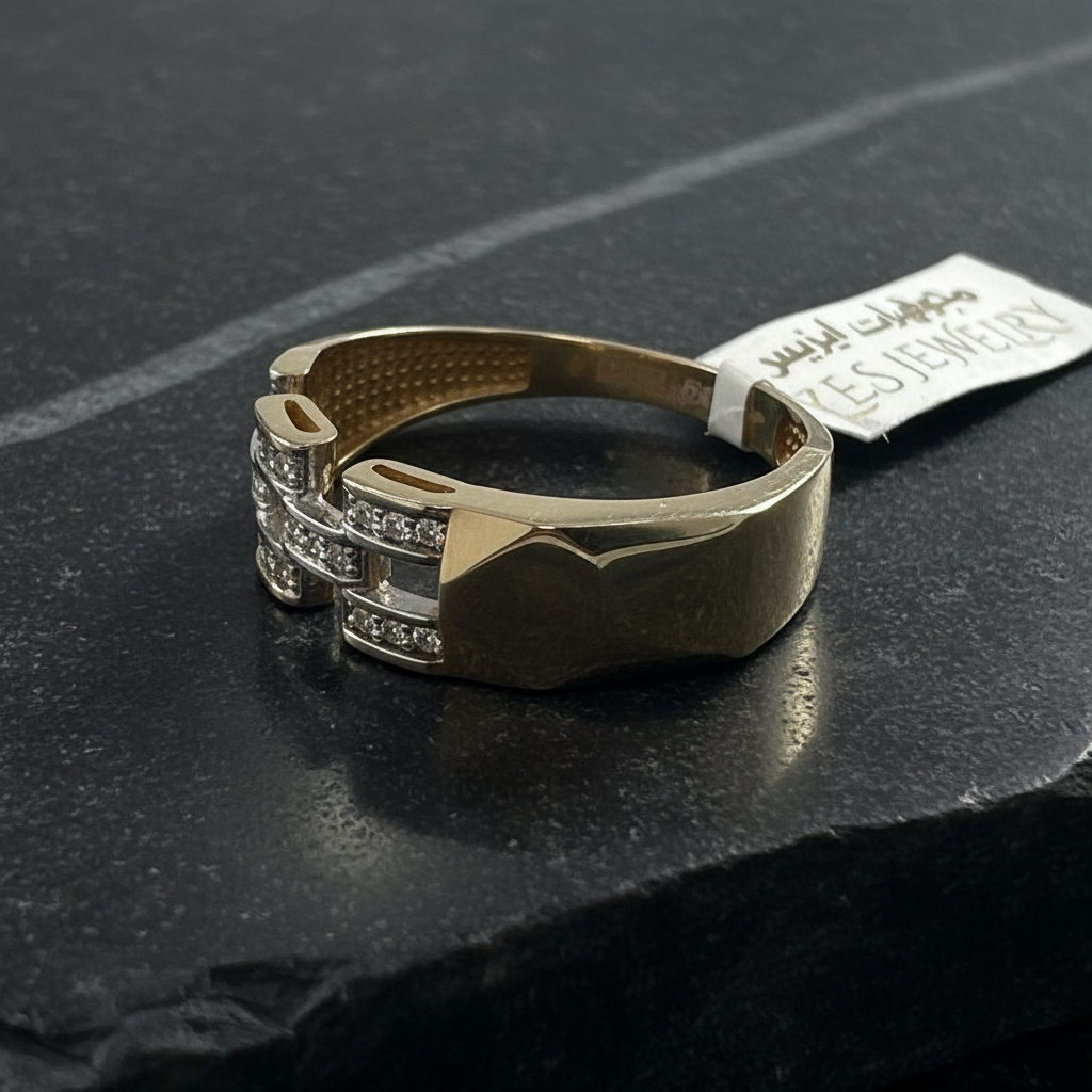 14K Solid Yellow Gold Zircon Geometric Link Ring Modern Elegant Men's Women's - Image 6