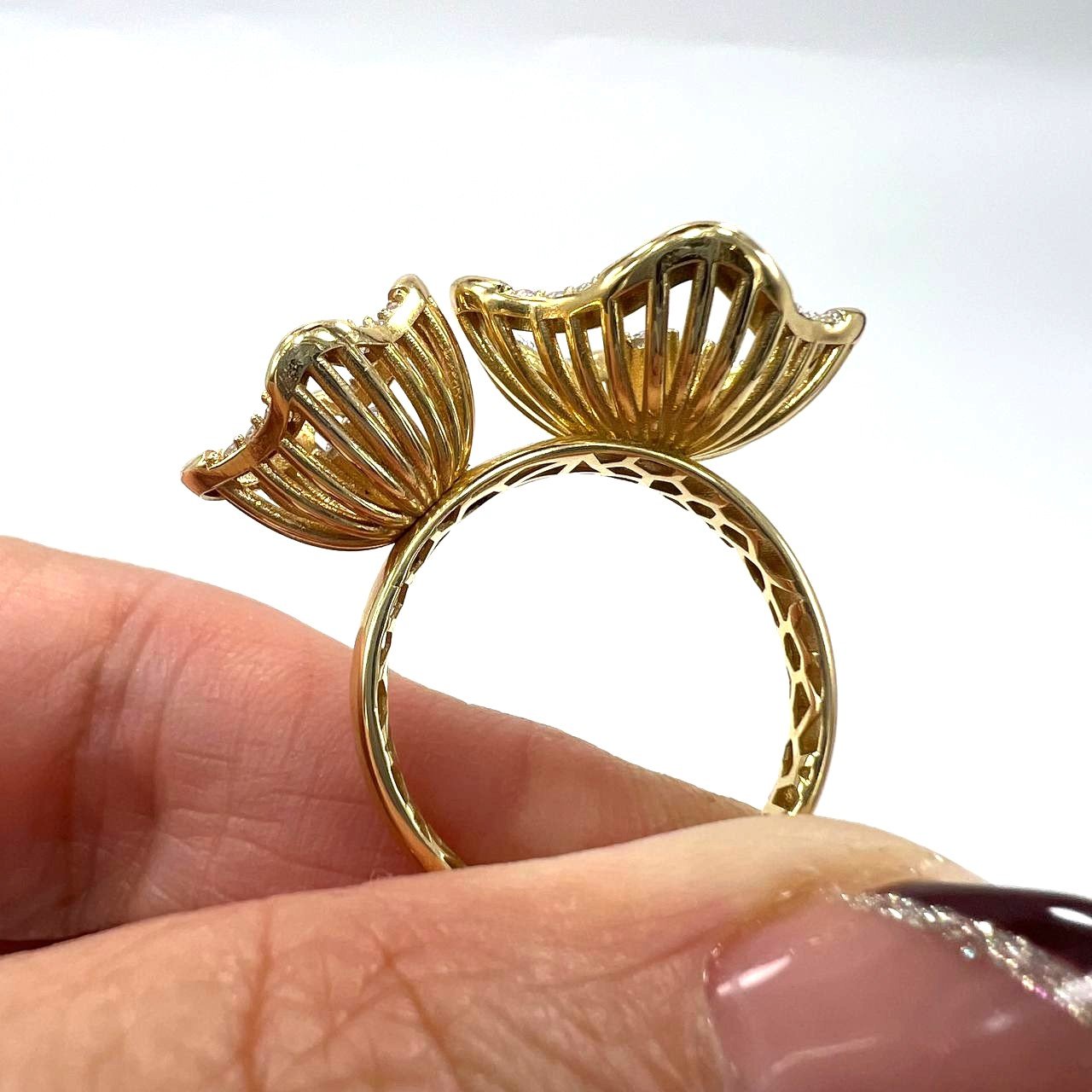 14K Yellow Gold Dual Flower Ring Zircon Statement Openwork Women's Jewelry - Image 4