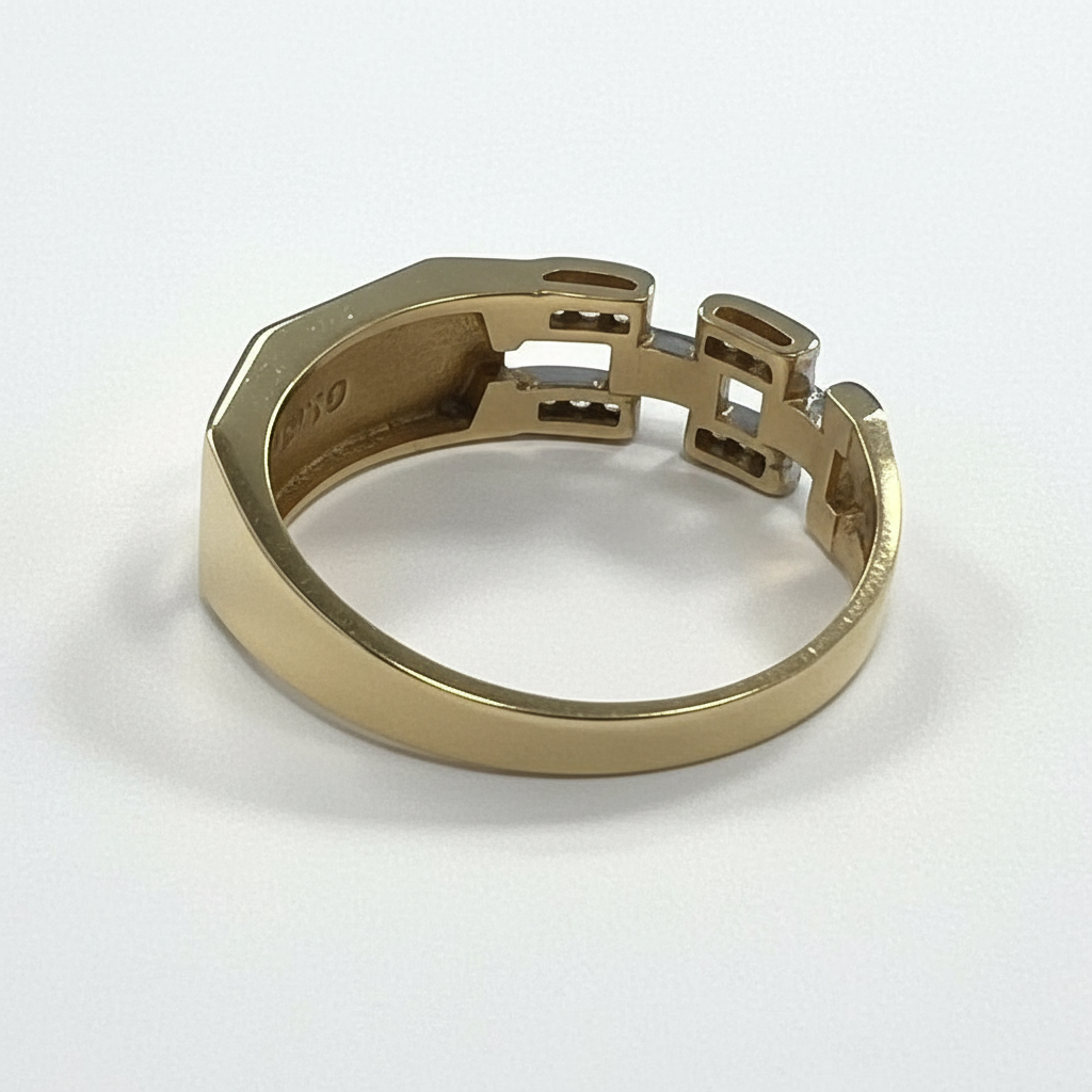 14K Solid Yellow Gold Zircon Geometric Link Ring Modern Elegant Men's Women's - Image 7