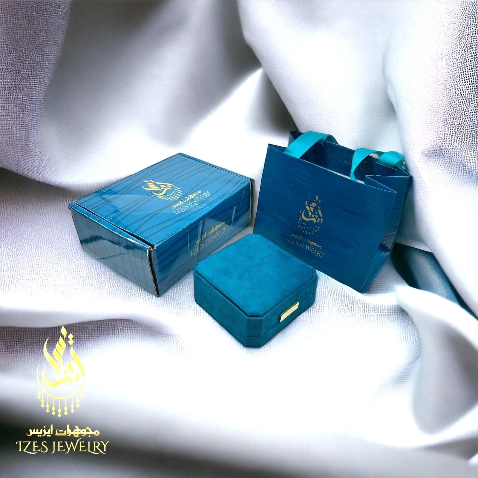 14K Gold Blue Stone White Zircon Square Necklace Stud Earrings Set - Image 9