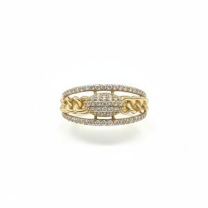 14K Yellow Gold CZ Chain Link Double Band Pave Oval Ring Size 8 Fine Jewelry