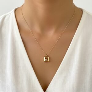 Stunning 14K Yellow Gold Geometric Square Pendant Necklace CZ Modern Fine Jewelry Gift
