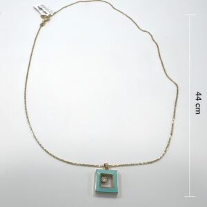 14K Gold Turquoise Enamel Square Pendant Necklace CZ Stone Modern