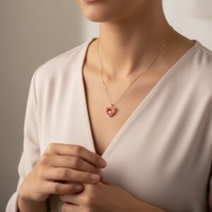 14K Yellow Gold Red Enamel Heart Necklace Dazzling Stone Pendant Women's Love Je