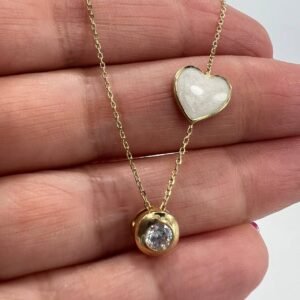 New 14K Solid Gold Necklace Italy – White Heart & Round Zircon Pendant 2.0g