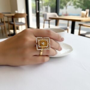 14K Yellow Gold Double-Frame Zircon Ring | Geometric Halo Pavé Statement Women's