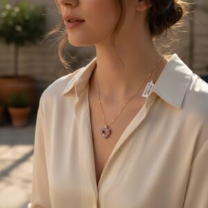 14K Yellow Gold Lilac Enamel Heart Necklace Diamond Accent Pendant TCY Jewelry G