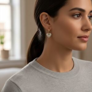 14K Yellow Gold Heart Hoop Earrings Zircon Drop Dangle Charm Fine Jewelry