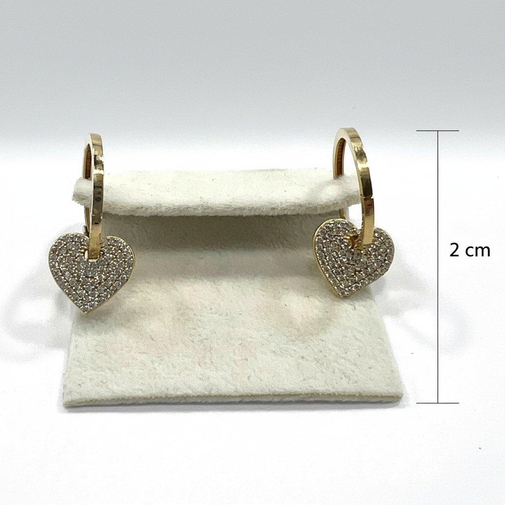 14K Yellow Gold Heart Hoop Earrings Zircon Drop Dangle Charm Fine Jewelry - Image 2