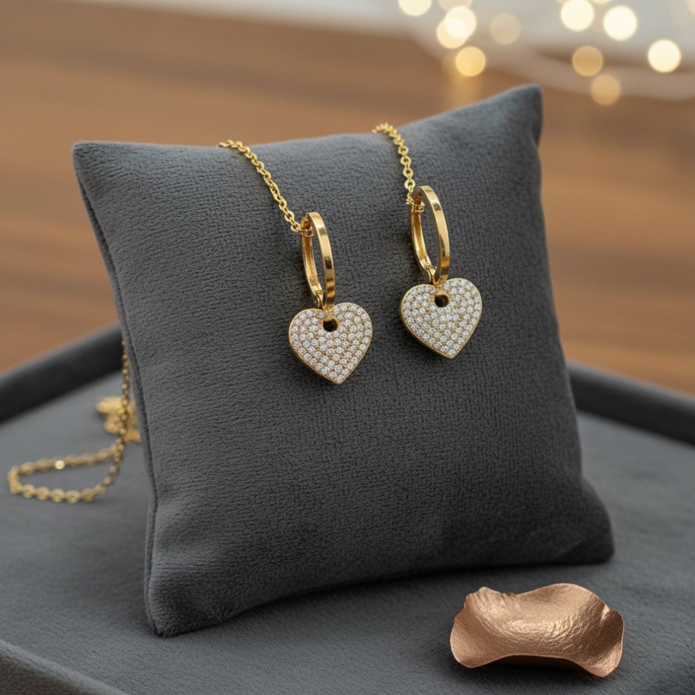 14K Yellow Gold Heart Hoop Earrings Zircon Drop Dangle Charm Fine Jewelry - Image 3