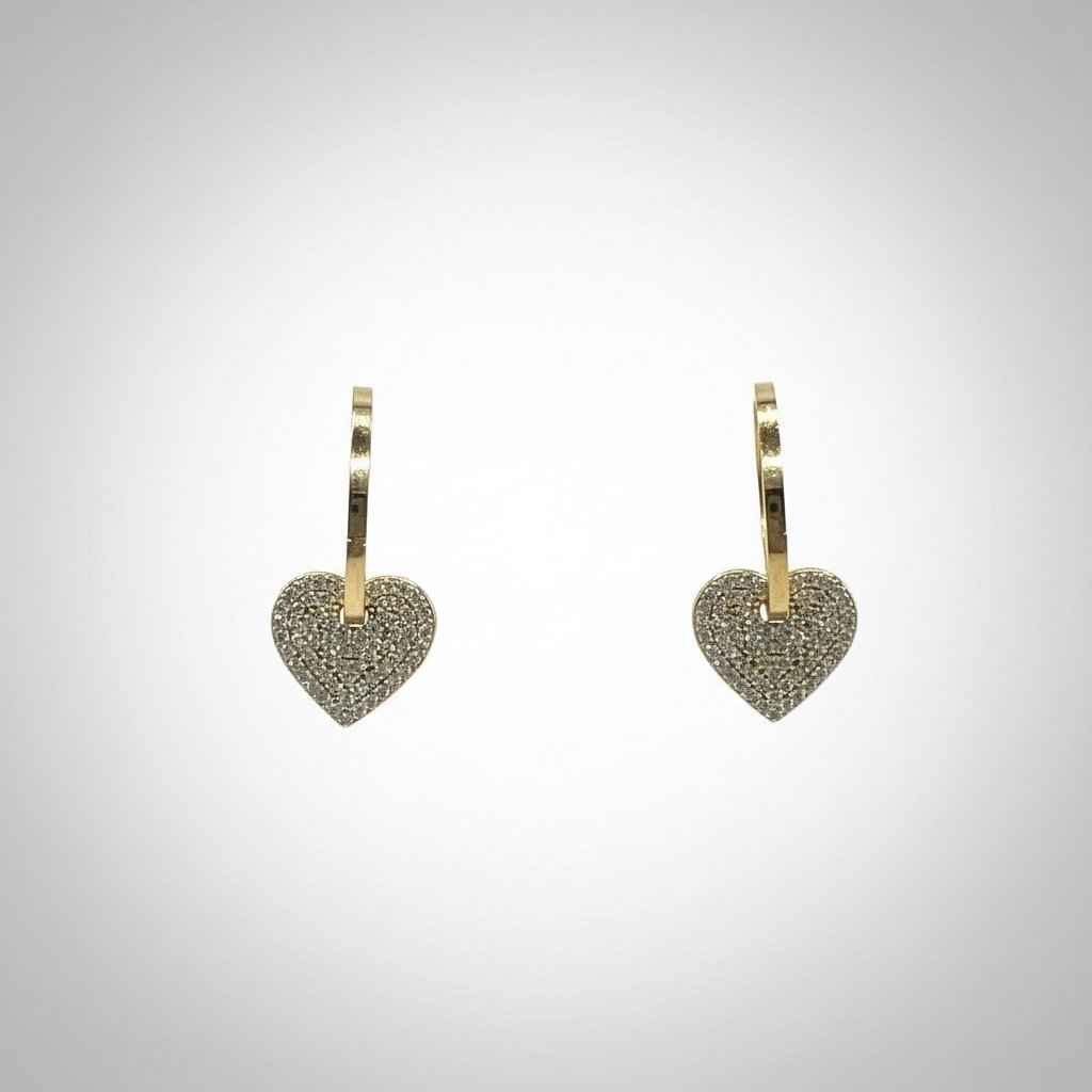 14K Yellow Gold Heart Hoop Earrings Zircon Drop Dangle Charm Fine Jewelry - Image 4