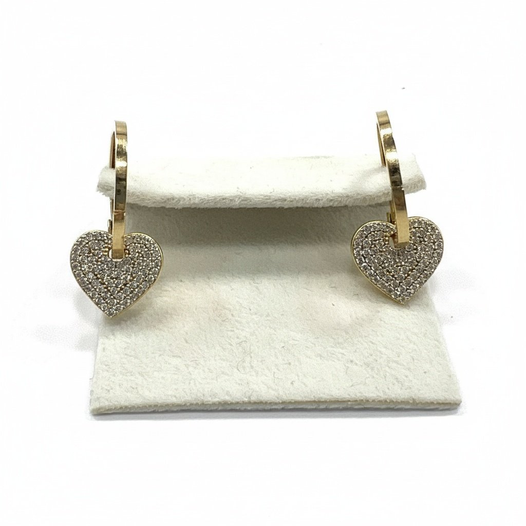 14K Yellow Gold Heart Hoop Earrings Zircon Drop Dangle Charm Fine Jewelry - Image 5