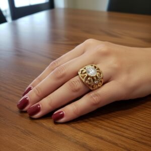 14K Yellow Gold Filigree Ring Oval CZ Center Stone Women's Royal Elegant Vintage