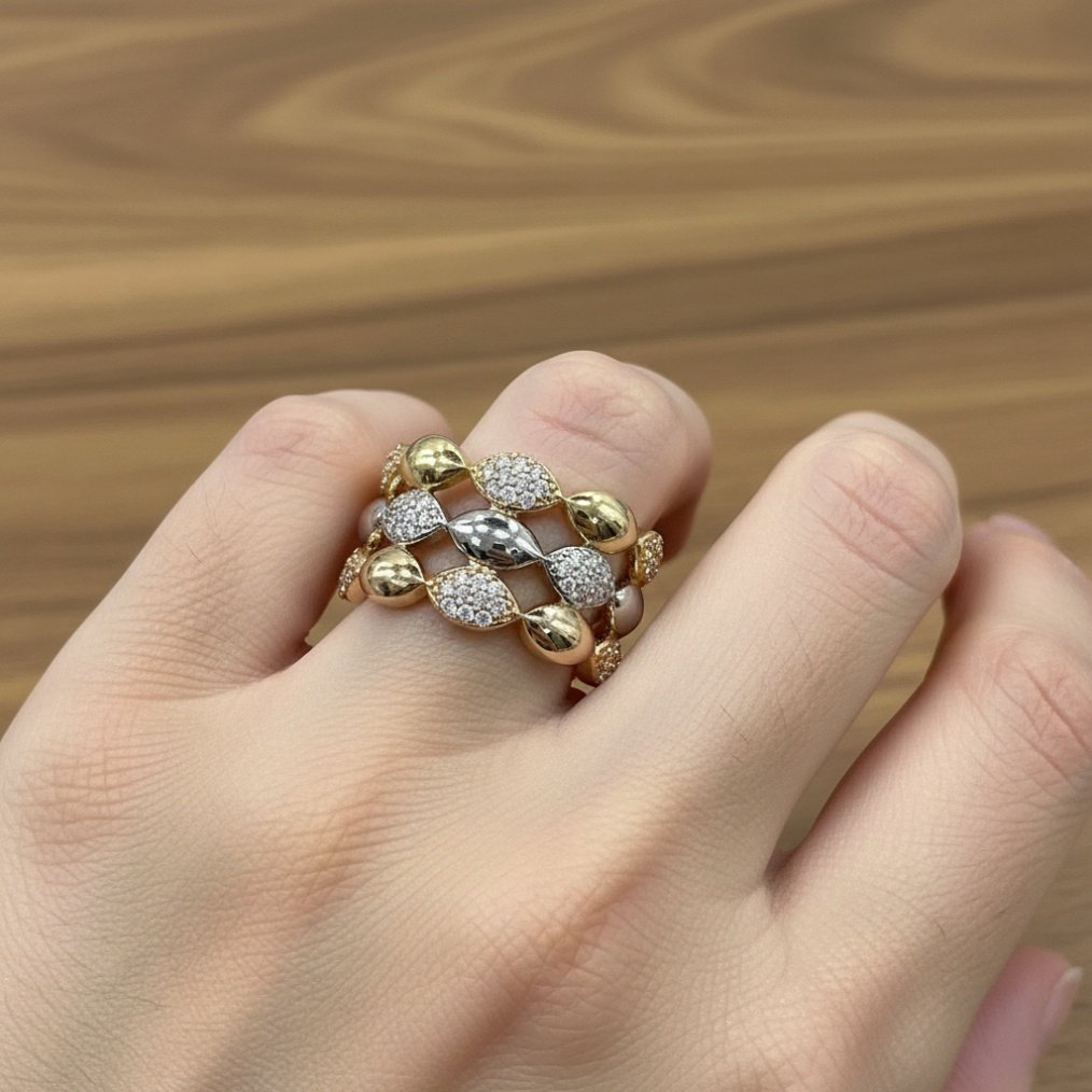 14K Tri-Color Gold Stacked Marquise Ring Women's Yellow White Rose CZ Fine Jewelry