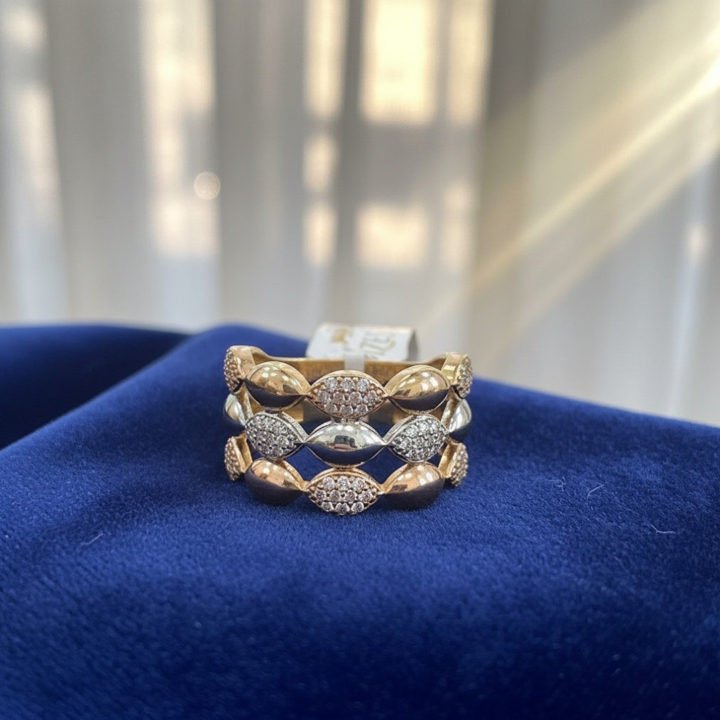 14K Tri-Color Gold Stacked Marquise Ring Women's Yellow White Rose CZ Fine Jewelry - Image 2