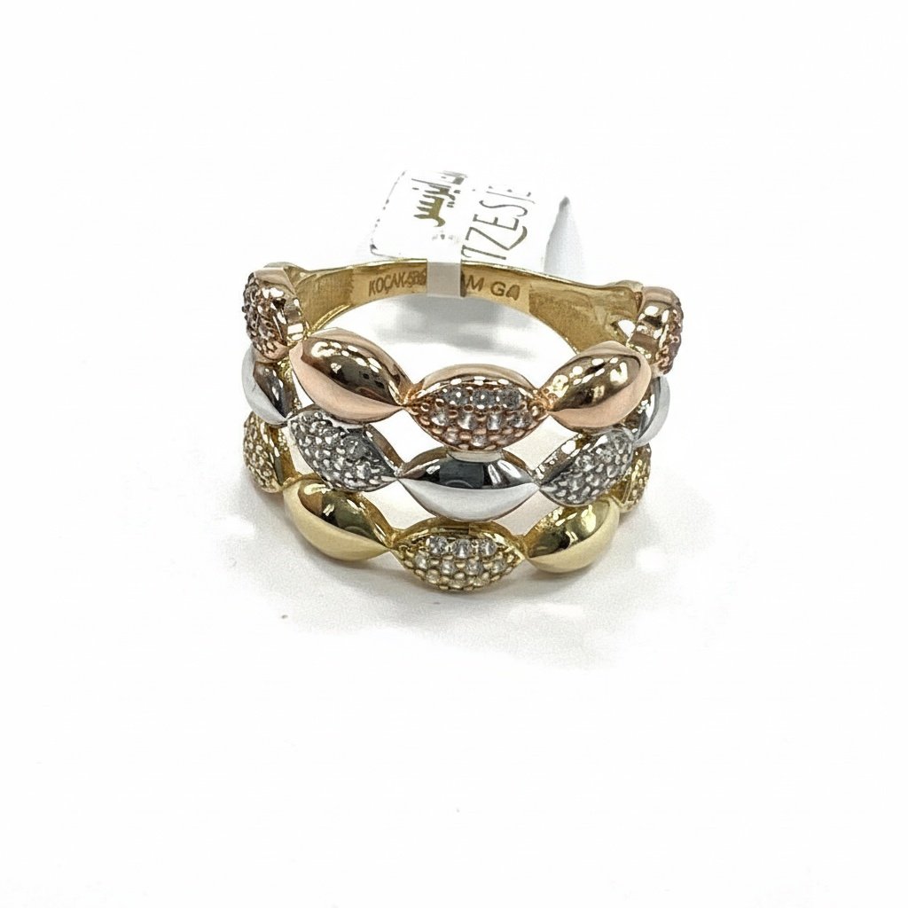 14K Tri-Color Gold Stacked Marquise Ring Women's Yellow White Rose CZ Fine Jewelry - Image 3