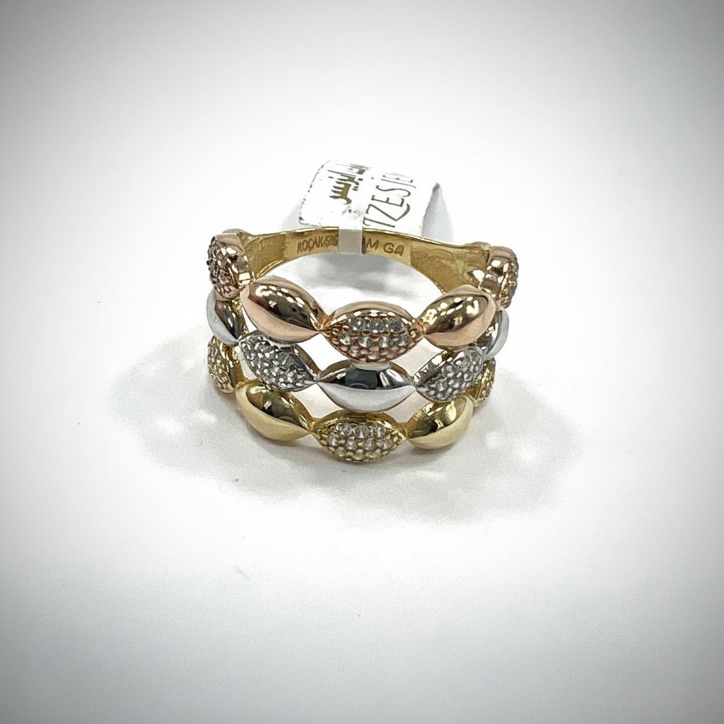 14K Tri-Color Gold Stacked Marquise Ring Women's Yellow White Rose CZ Fine Jewelry - Image 6