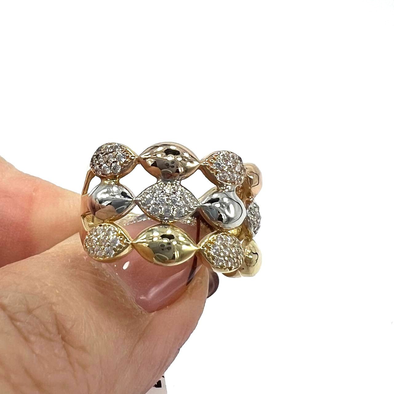 14K Tri-Color Gold Stacked Marquise Ring Women's Yellow White Rose CZ Fine Jewelry - Image 7