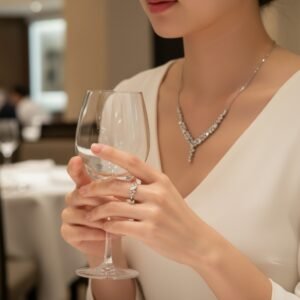 14K White Gold Zircon V-Shape Necklace & Matching Ring Set Elegant Women's Gift