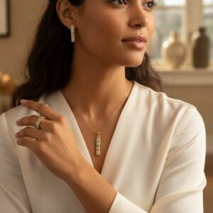 14K Yellow Gold Zircon Jewelry Set Ring Pendant Earrings Striped Design Gift