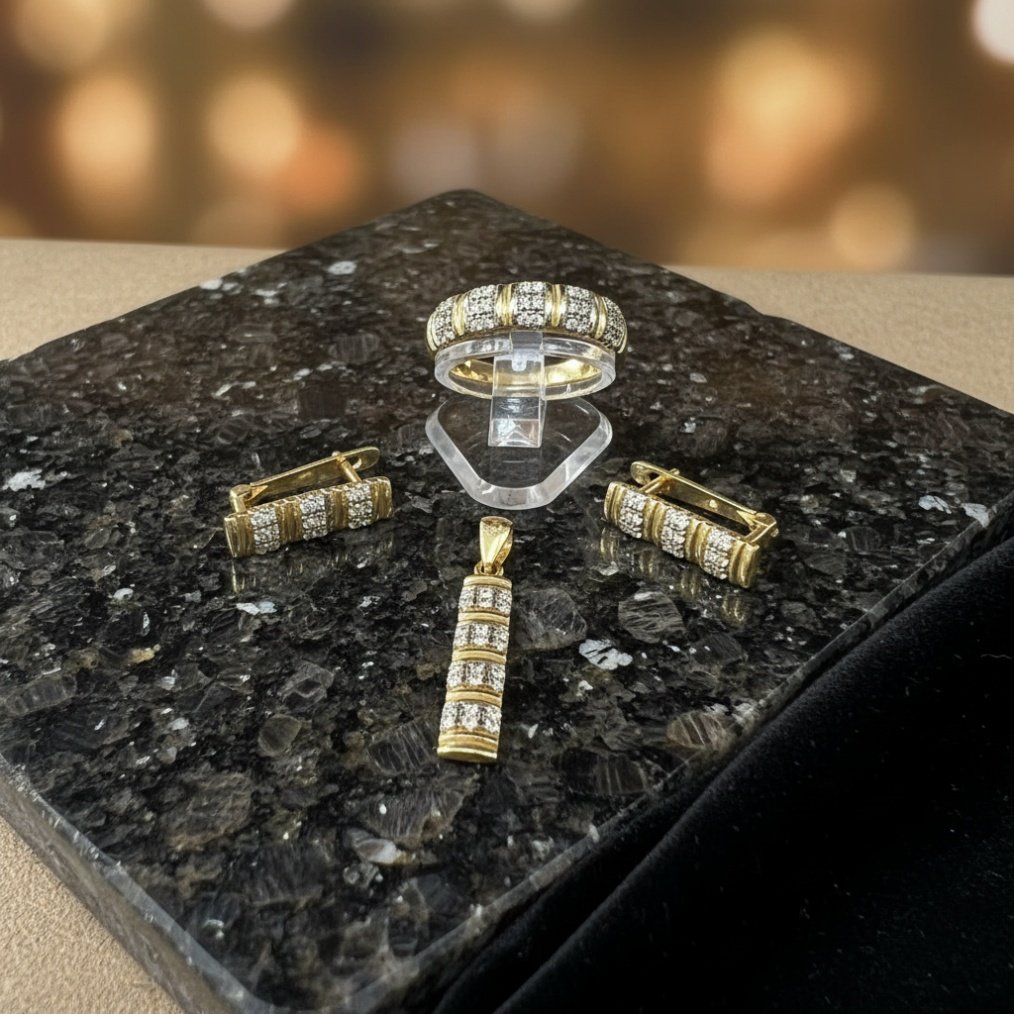 14K Yellow Gold Zircon Jewelry Set Ring Pendant Earrings Striped Design Gift - Image 2