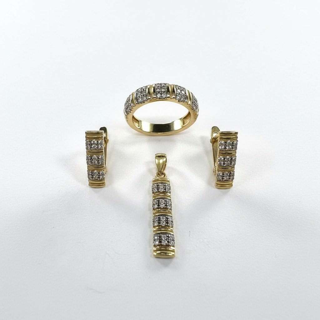 14K Yellow Gold Zircon Jewelry Set Ring Pendant Earrings Striped Design Gift - Image 3