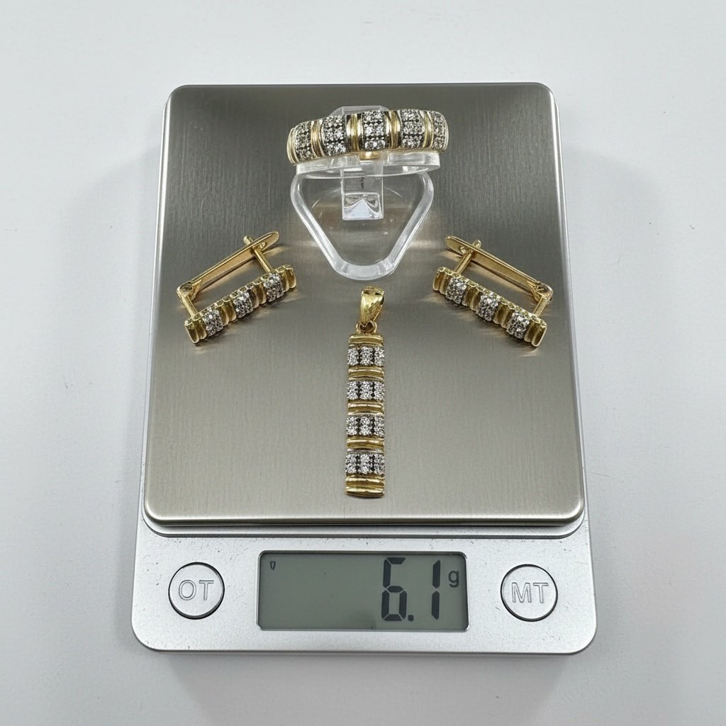 14K Yellow Gold Zircon Jewelry Set Ring Pendant Earrings Striped Design Gift - Image 4