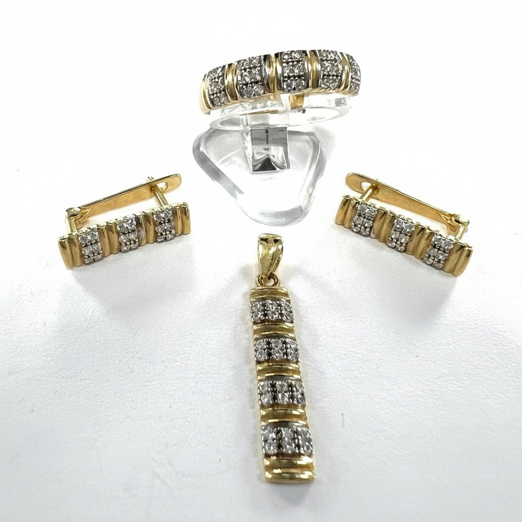 14K Yellow Gold Zircon Jewelry Set Ring Pendant Earrings Striped Design Gift - Image 5