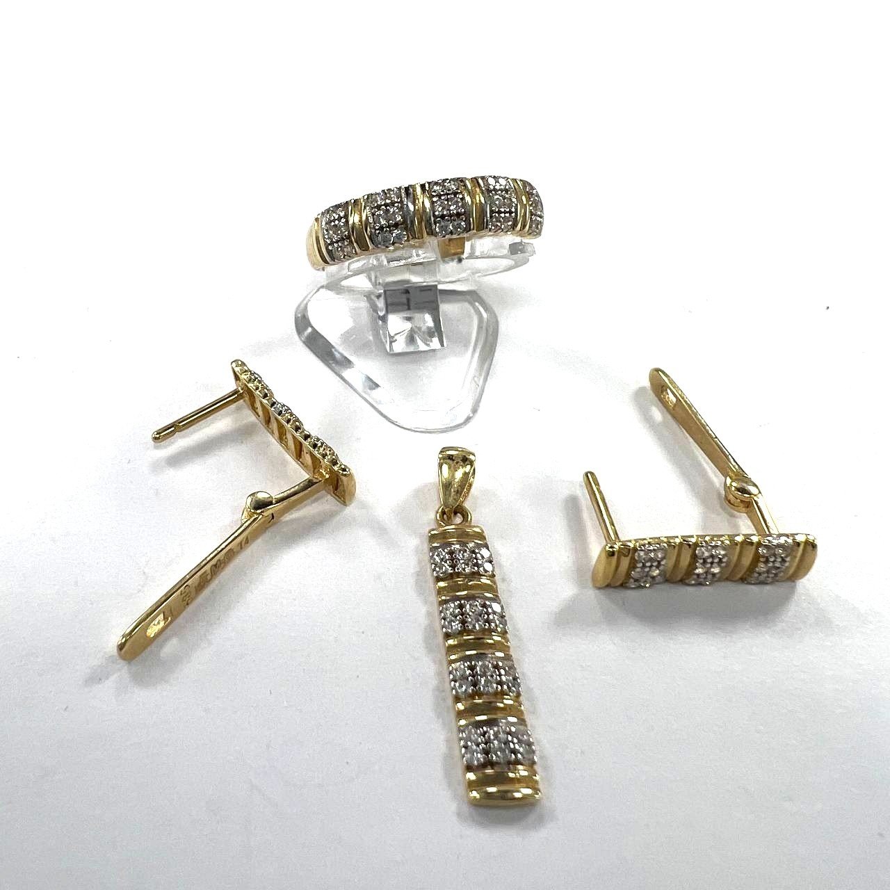 14K Yellow Gold Zircon Jewelry Set Ring Pendant Earrings Striped Design Gift - Image 6