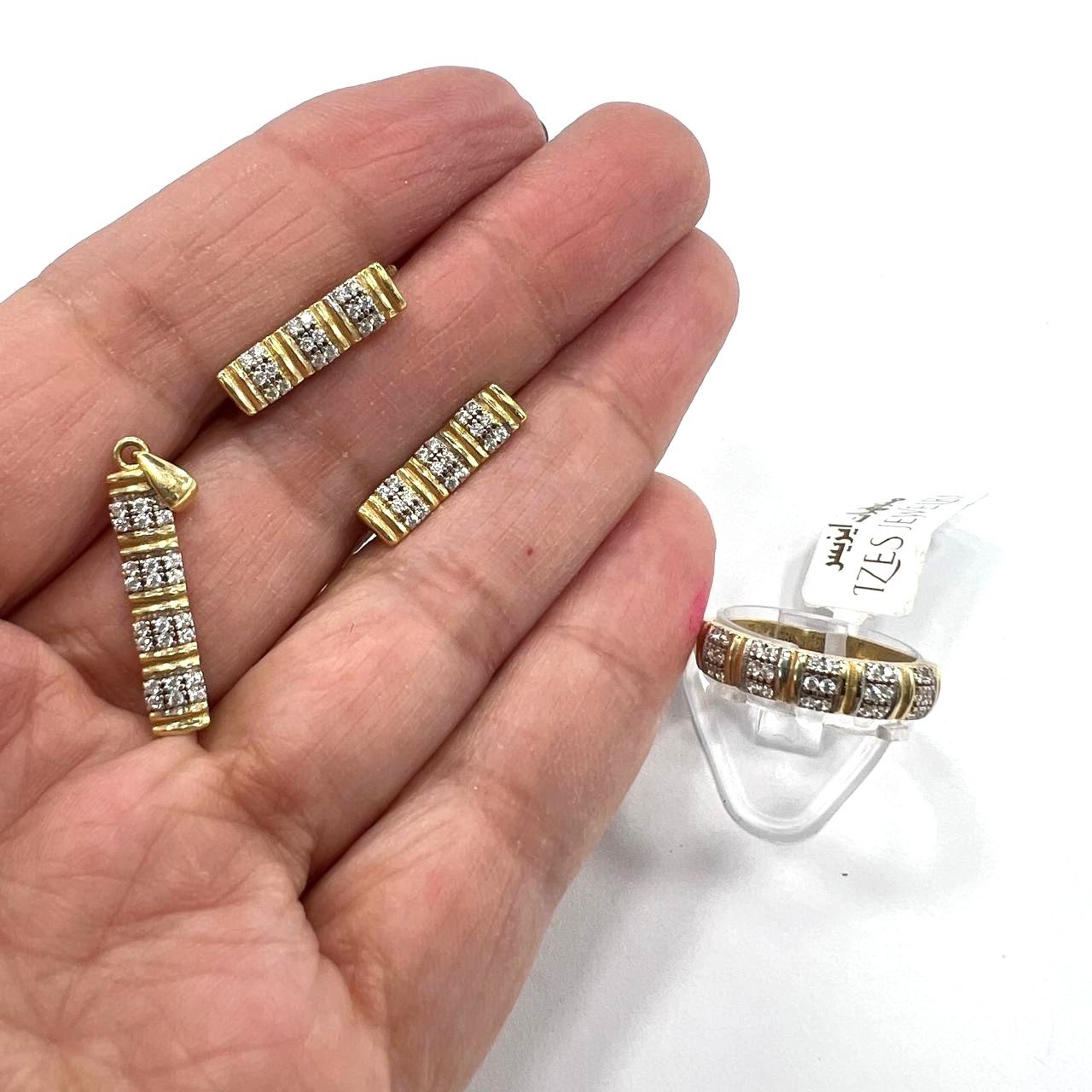 14K Yellow Gold Zircon Jewelry Set Ring Pendant Earrings Striped Design Gift - Image 7