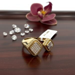 14K Yellow Gold Dual-Square Open Ring CZ Pave & Sunburst Unique Fine Jewelry
