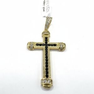 Bold 14K Yellow Gold Cross Pendant Black & White Stone Textured Modern Religious Charm