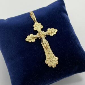 14K Yellow Gold Ornate Crucifix Pendant Jesus Christ Cross Engraved Religious Charm