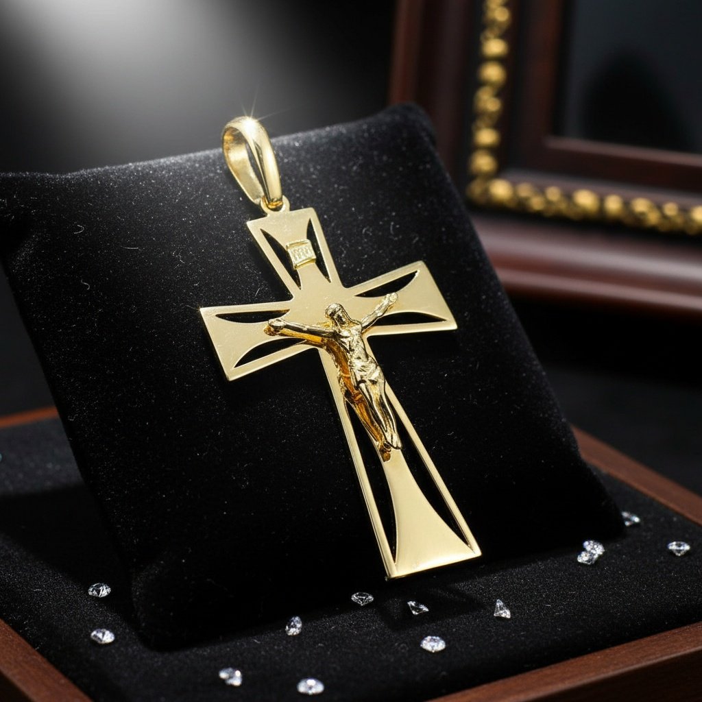14K Yellow Gold Crucifix Pendant - Modern Jesus Cross Christian Faith Charm Gift