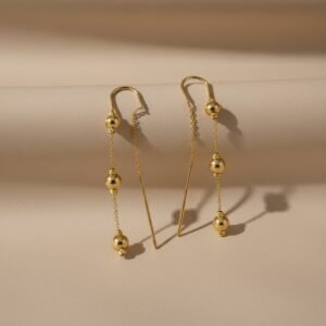 14K Yellow Gold Threader Earrings Polished Bead Chain Dangle Drop Fine Jewelry