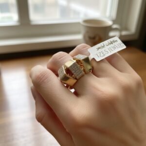 14K Gold Geometric Ring Women's Mixed Tone Cube Zircon Pave Modern Statement Jewelry