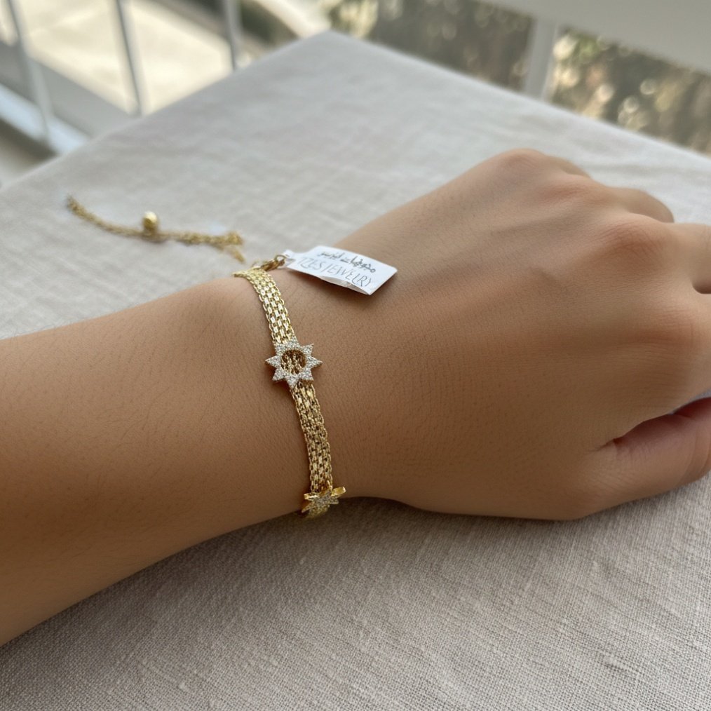 Izes Jewelry 14K Yellow Gold Triple Layer Charm Bracelet | Zircon Pave Heart Star Starfish Women's Fine