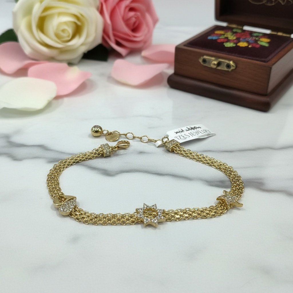 Izes Jewelry 14K Yellow Gold Triple Layer Charm Bracelet | Zircon Pave Heart Star Starfish Women's Fine - Image 2