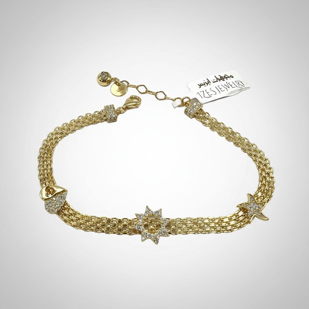 Izes Jewelry 14K Yellow Gold Triple Layer Charm Bracelet | Zircon Pave Heart Star Starfish Women's Fine - Image 5