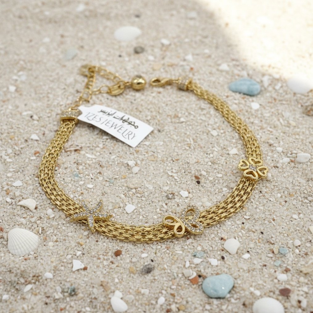 IZES JEWELRY 14K Gold Plated Multi-Strand Charm Bracelet Starfish Butterfly Clover - Image 5