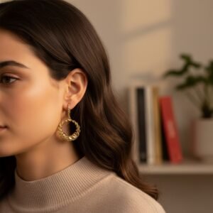 14K Yellow Gold Diamond Cut Textured Drop Hoop Earrings Women's Fine Jewelry