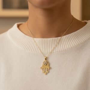 14K Yellow Gold Hamsa Pendant Delicate Zircon Stone Charm Protection Gift