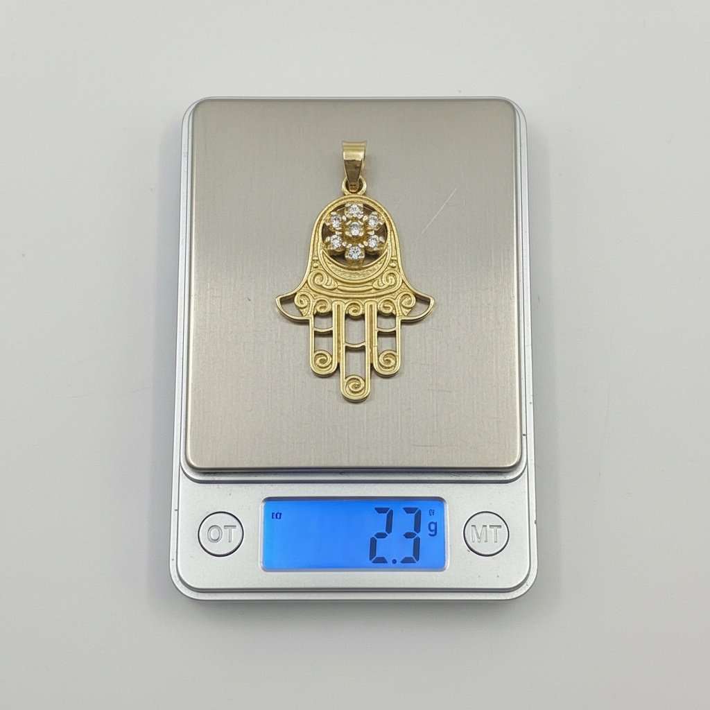 14K Yellow Gold Hamsa Pendant Delicate Zircon Stone Charm Protection Gift - Image 4