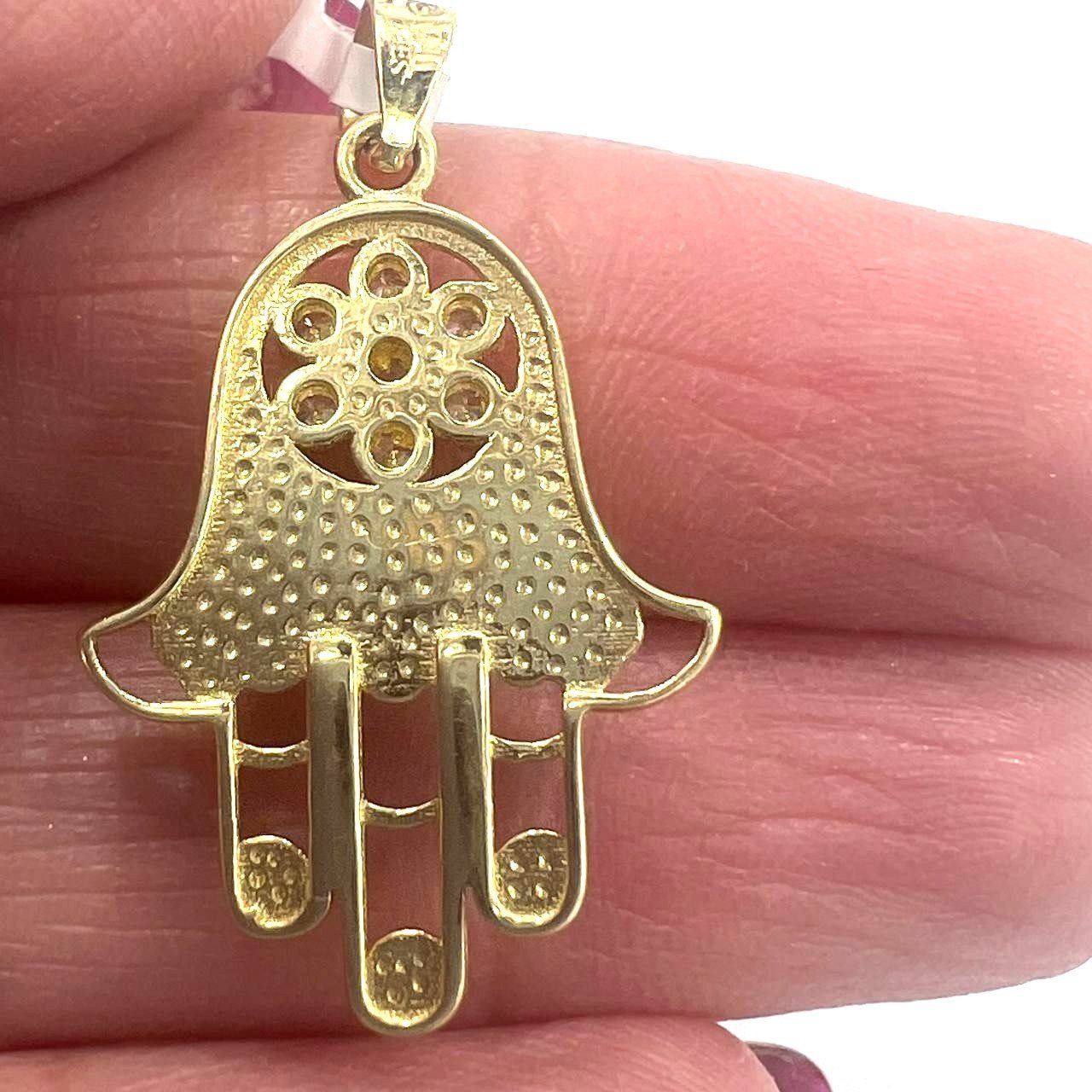 14K Yellow Gold Hamsa Pendant Delicate Zircon Stone Charm Protection Gift - Image 7