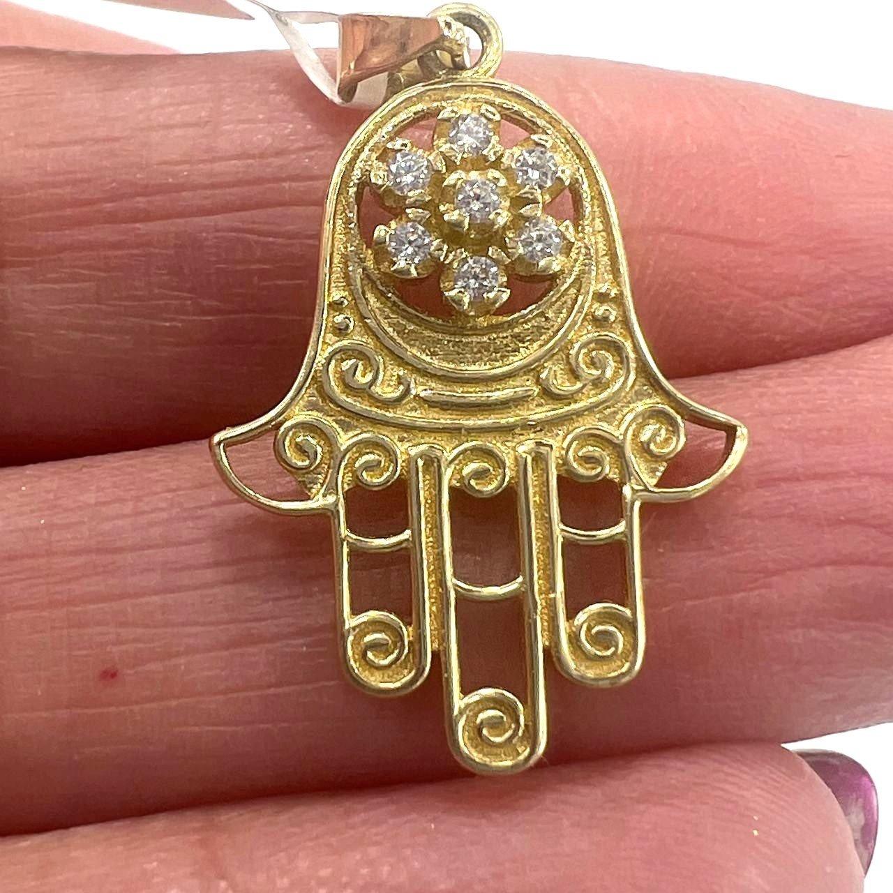 14K Yellow Gold Hamsa Pendant Delicate Zircon Stone Charm Protection Gift - Image 8