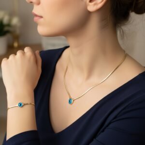 14K Yellow Gold Evil Eye Necklace Bracelet Jewelry Set Snake Chain Turquoise Protection
